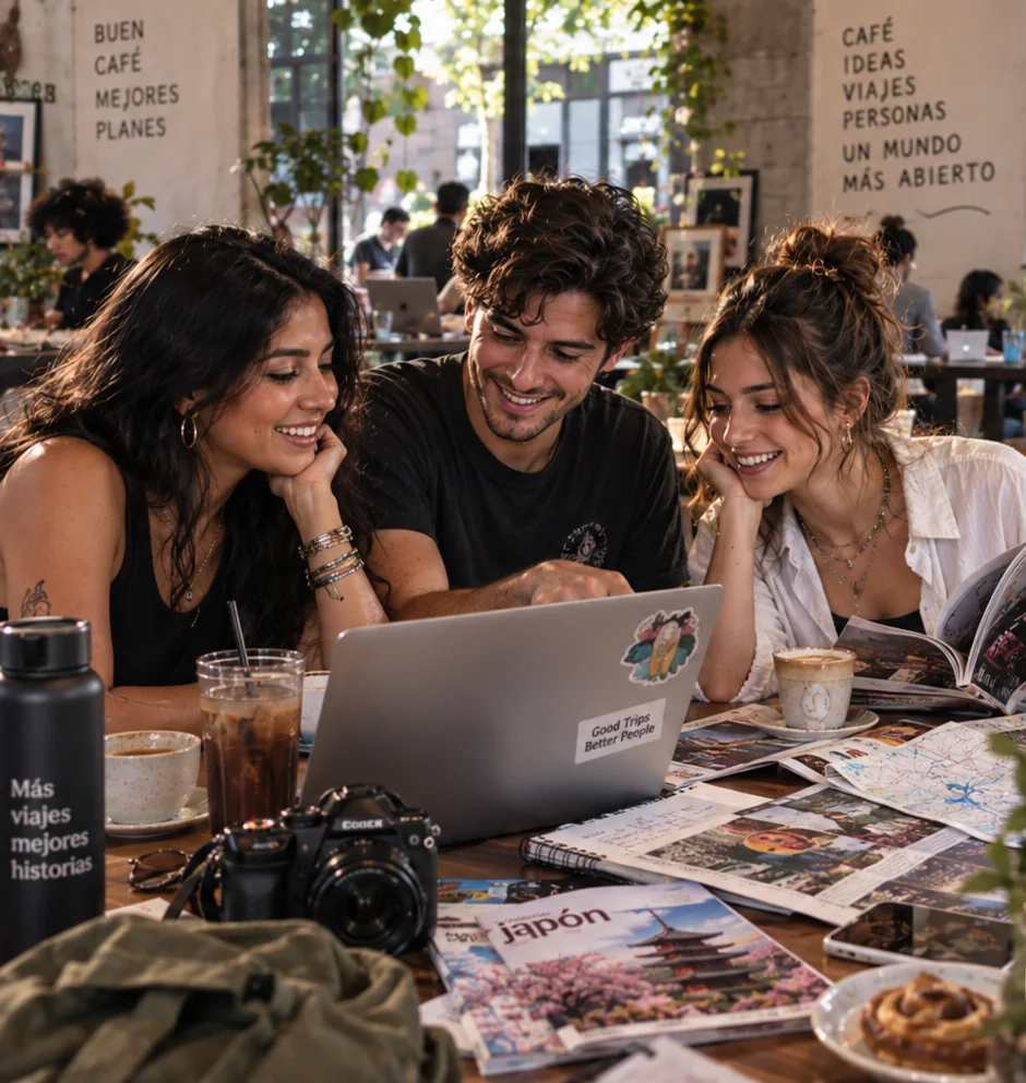 Tres amigos planeando un viaje a Japón en una cafetería